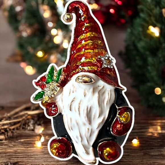 Sparkly Holiday Gnome Brooch - Whimsical Pin for Festive Attire - Picture 1 of 4